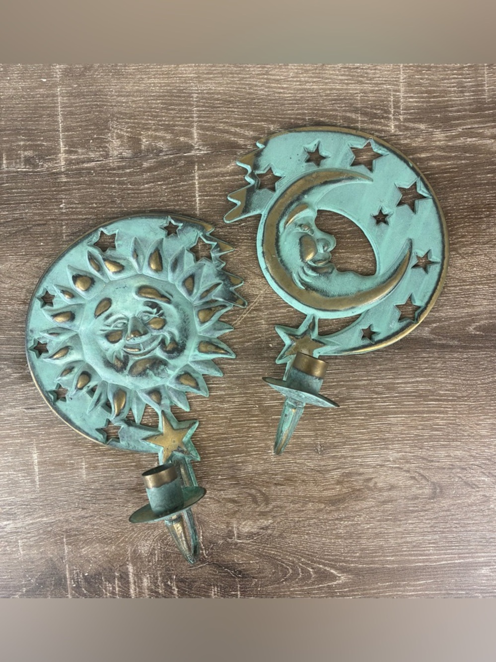 Vintage Brass Celestial Wall Candle Holders PAIR of 90s Partylite Sun and Moon